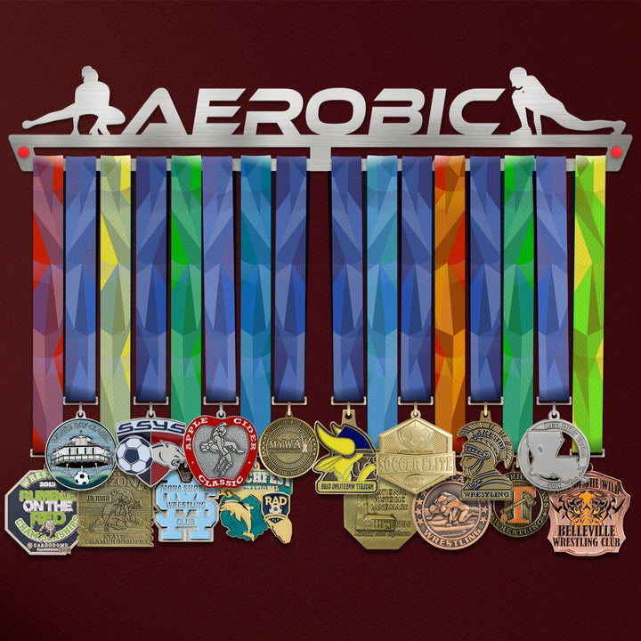 Aerobic Gymnastics Medal Hanger holding a full row of medals on a wall