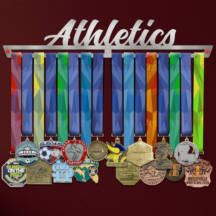 Athletics Medal Hanger holding a full row of medals on a wall