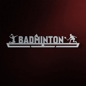 Badminton Medal Hanger in laser-cut steel on a dark background