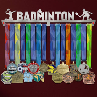 Badminton Medal Hanger holding a full row of medals on a wall