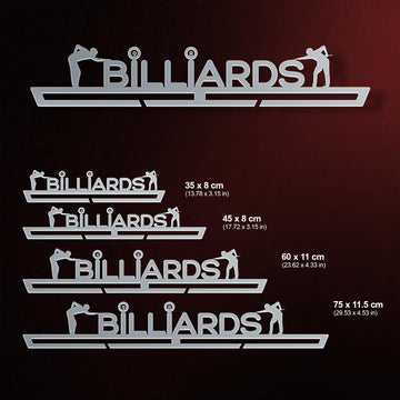Billiards Medal Hanger shown in all available sizes with dimensions