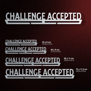 Challenge Accepted Medal Hanger shown in all available sizes with dimensions