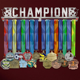 Champion Medal Hanger holding a full row of medals on a wall
