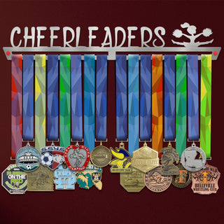 Cheerleading Medal Hanger holding a full row of medals on a wall