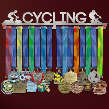Cycling Medal Hanger holding a full row of medals on a wall