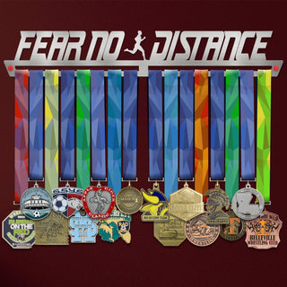 Men's Fear No Distance Medal Hanger holding a full row of medals on a wall