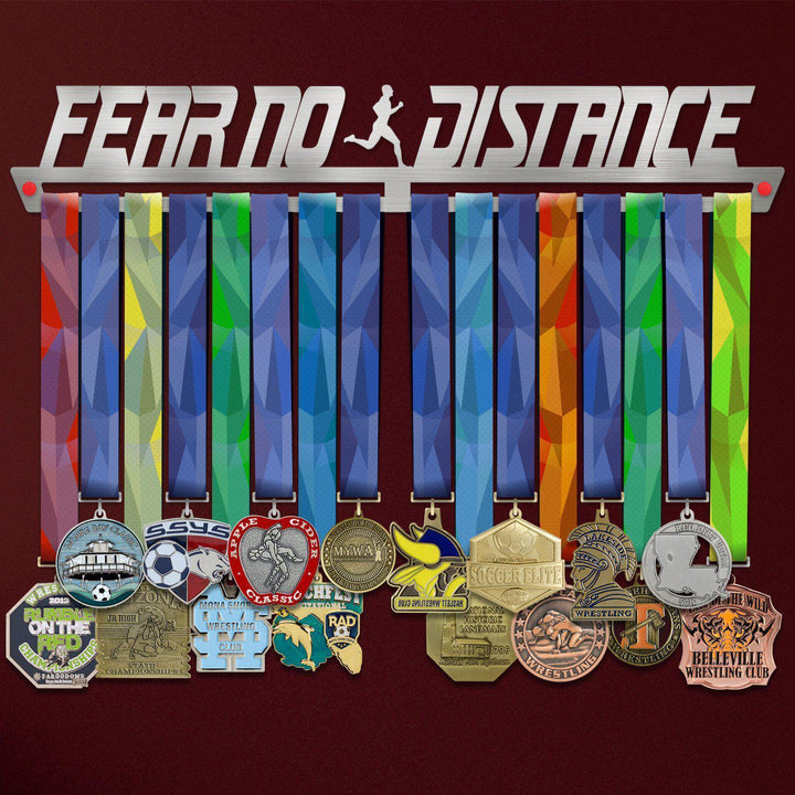 Men's Fear No Distance Medal Hanger holding a full row of medals on a wall
