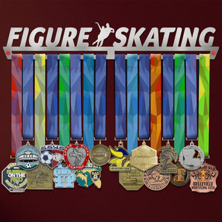 Figure Skating Medal Hanger holding a full row of medals on a wall