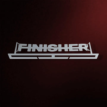 Finisher Medal Hanger in laser-cut steel on a dark background