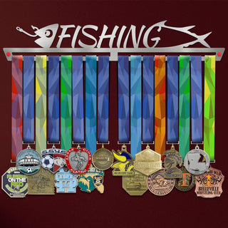 Fishing Medal Hanger holding a full row of medals on a wall