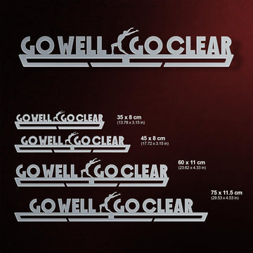 Go Well Go Clear Medal Hanger shown in all available sizes with dimensions