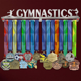 Gymnastics Medal Hanger holding a full row of medals on a wall