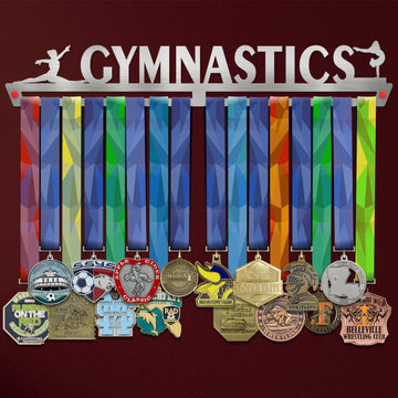 Gymnastics Medal Hanger holding a full row of medals on a wall