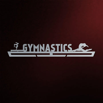 Women's Gymnastics Medal Hanger V2 in laser-cut steel on a dark background