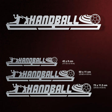 Men's Handball Medal Hanger shown in all available sizes with dimensions