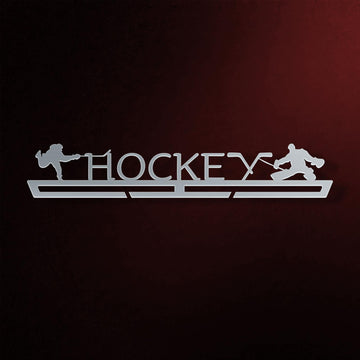 Hockey Medal Hanger in laser-cut steel on a dark background