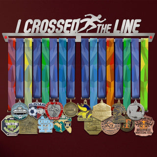I Crossed The Line Medal Hanger V2 holding a full row of medals on a wall