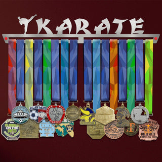 Karate Medal Hanger holding a full row of medals on a wall