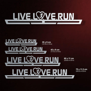 Men's Live Love Run Medal Hanger shown in all available sizes with dimensions