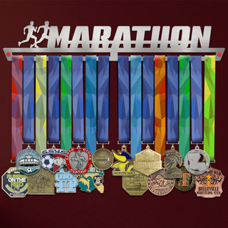 Marathon Medal Hanger holding a full row of medals on a wall