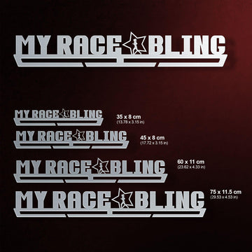 Women's My Race Bling Medal Hanger shown in all available sizes with dimensions