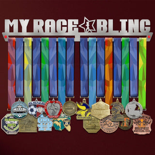 Women's My Race Bling Medal Hanger holding a full row of medals on a wall