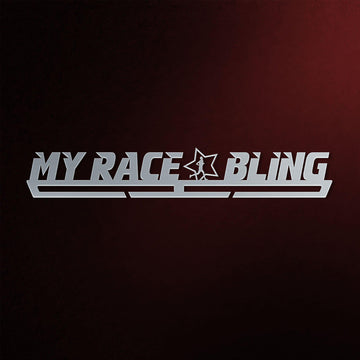 Men's My Race Bling Medal Hanger in laser-cut steel on a dark background