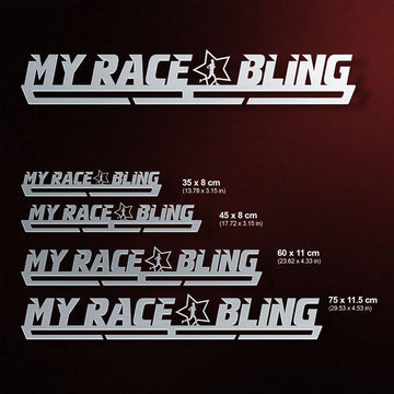 Men's My Race Bling Medal Hanger shown in all available sizes with dimensions