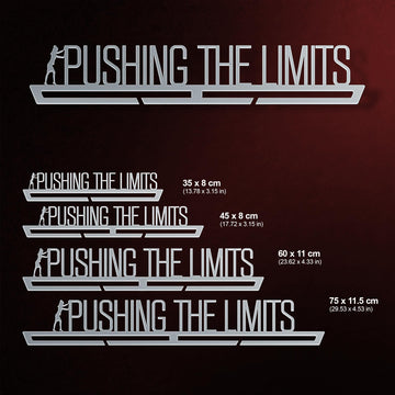 Pushing The Limits Medal Hanger shown in all available sizes with dimensions