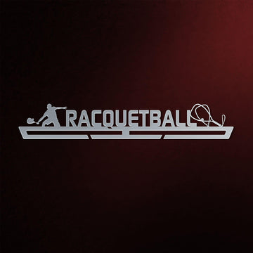 Racquetball Medal Hanger in laser-cut steel on a dark background