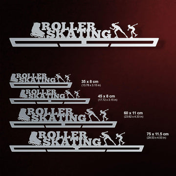 Roller Skating Medal Hanger shown in all available sizes with dimensions