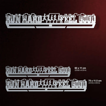 Run Hard Feel Good Medal Hanger shown in all available sizes with dimensions