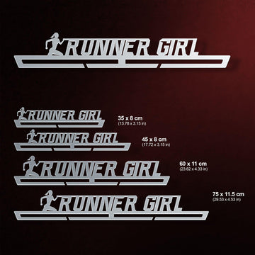 Runner Girl Medal Hanger shown in all available sizes with dimensions