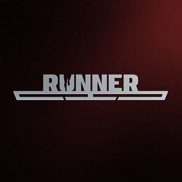 Running Medal Hanger in laser-cut steel on a dark background