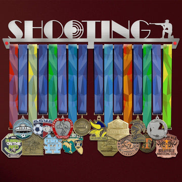 Shooting Medal Hanger holding a full row of medals on a wall