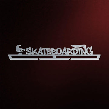 Skateboarding Medal Hanger in laser-cut steel on a dark background