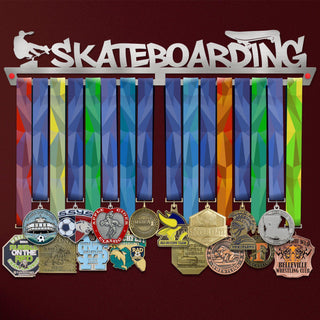 Skateboarding Medal Hanger holding a full row of medals on a wall