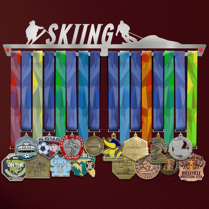 Skiing Medal Hanger holding a full row of medals on a wall