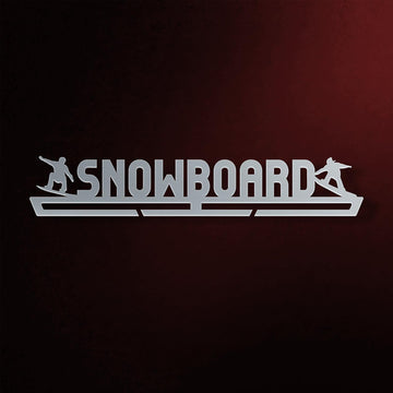 Snowboard Medal Hanger in laser-cut steel on a dark background