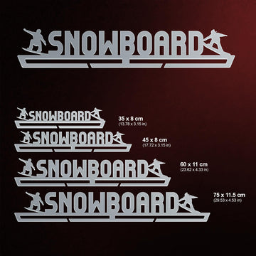 Snowboard Medal Hanger shown in all available sizes with dimensions