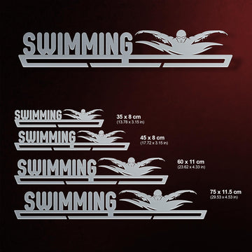 Swimming Medal Display shown in all available sizes with dimensions