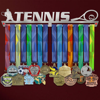 Men's Tennis Medal Hanger holding a full row of medals on a wall