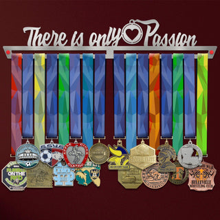 There Is Only Passion Medal Hanger holding a full row of medals on a wall