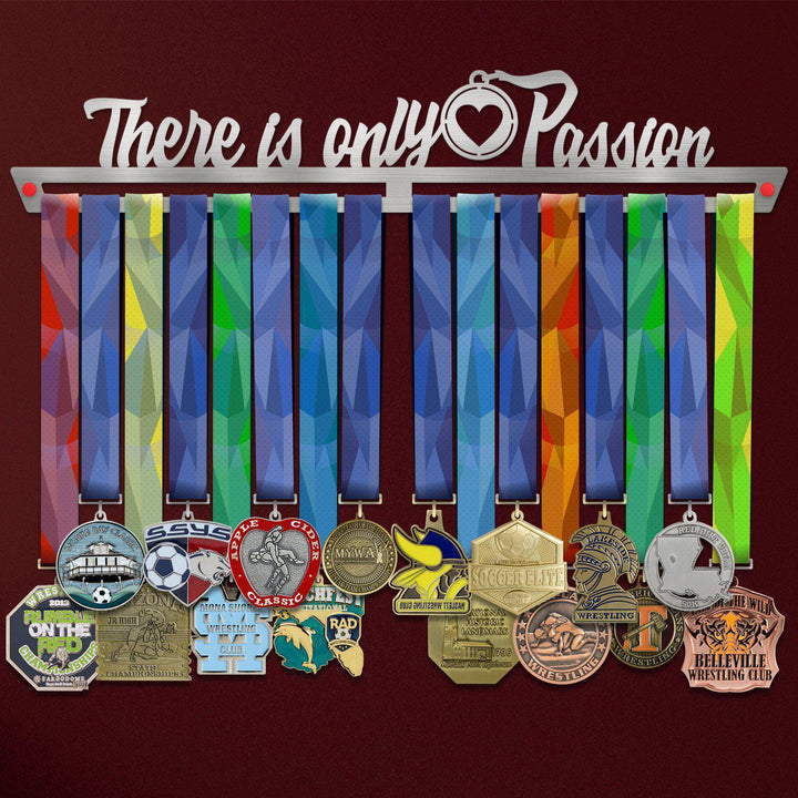 There Is Only Passion Medal Hanger holding a full row of medals on a wall