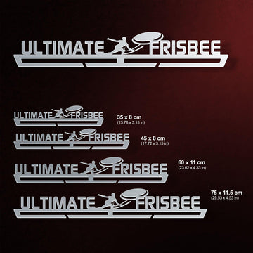 Ultimate Frisbee Medal Hanger shown in all available sizes with dimensions