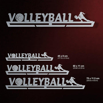Women's Volleyball Medal Hanger shown in all available sizes with dimensions