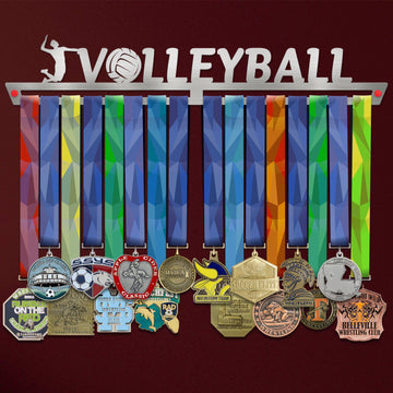 Men's Volleyball Medal Hanger holding a full row of medals on a wall