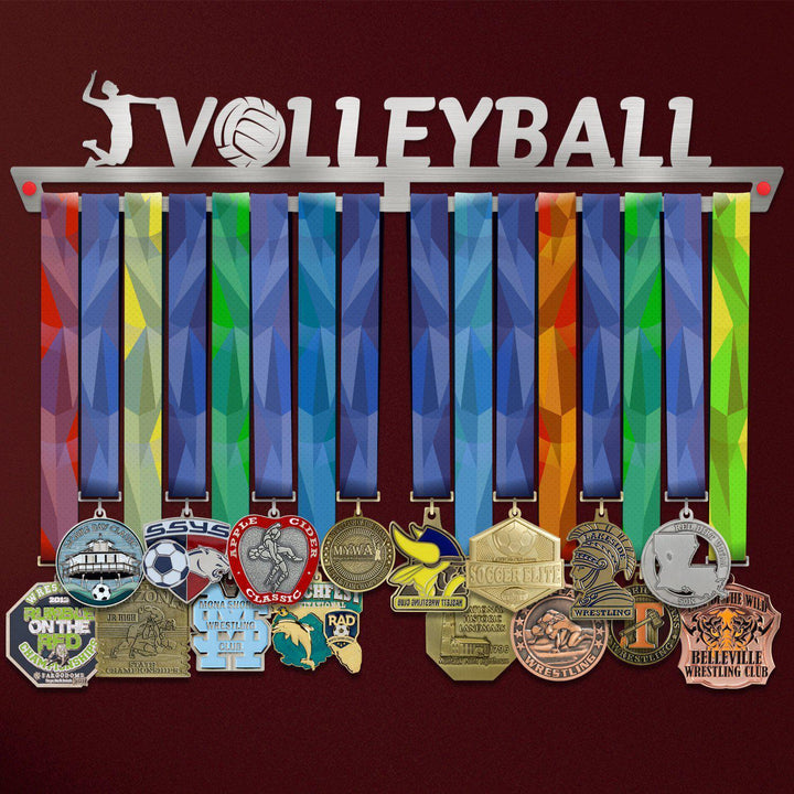 Men's Volleyball Medal Hanger holding a full row of medals on a wall