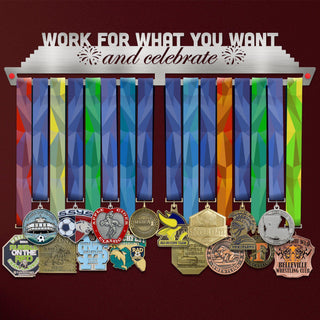 Work For What You Want Medal Hanger holding a full row of medals on a wall