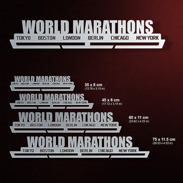 World Marathon Majors Medal Hanger shown in all available sizes with dimensions
